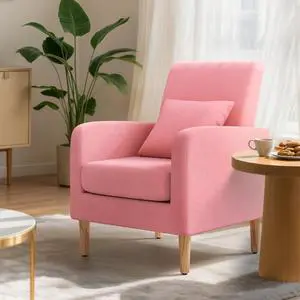 Accent Chair with Back Pillow, Upholstered Club Arm Chair, Modern Living Room Chair with Wooden Legs for Bedroom Corner, Living Room, Reading Nook, Pink Accent Chair with Back Pillow, Upholstered Club Arm Chair, Modern Living Room Chair with Wooden Legs for Bedroom Corner, Living Room, Reading Nook, Pink