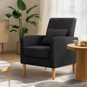 Accent Chair with Back Pillow, Upholstered Club Arm Chair, Modern Living Room Chair with Wooden Legs for Bedroom Corner, Living Room, Reading Nook, Black Accent Chair with Back Pillow, Upholstered Club Arm Chair, Modern Living Room Chair with Wooden Legs for Bedroom Corner, Living Room, Reading Nook, Black