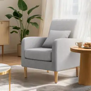 Accent Chair with Back Pillow, Upholstered Club Arm Chair, Modern Living Room Chair with Wooden Legs for Bedroom Corner, Living Room, Reading Nook, Gray Accent Chair with Back Pillow, Upholstered Club Arm Chair, Modern Living Room Chair with Wooden Legs for Bedroom Corner, Living Room, Reading Nook, Gray