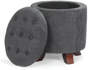 Round Ottoman with Storage, Small Foot Rest Stool with Legs, 15.5 Dia. x 17 H Inches Upholstered Ottoman with Storage for Living Room, Bedroom, Dark Gray Round Ottoman with Storage, Small Foot Rest Stool with Legs, 15.5 Dia. x 17 H Inches Upholstered Ottoman with Storage for Living Room, Bedroom, Dark Gray