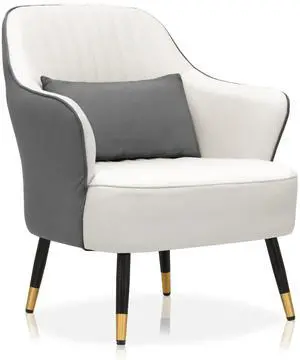 Accent Upholstered Chair for Living Room & Bedroom, Mid-Century Modern Leather Sofa Chair with Lumbar Pillow for Reading, Metal Legs in White & Gray Contrasting Colors Accent Upholstered Chair for Living Room & Bedroom, Mid-Century Modern Leather Sofa Chair with Lumbar Pillow for Reading, Metal Legs in White & Gray Contrasting Colors