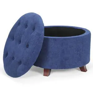 Round Ottoman with Storage, Small Foot Rest Stool with Legs, 24.5 Dia. x 17 H Inches Upholstered Ottoman with Storage for Living Room, Bedroom, Navy Blue Round Ottoman with Storage, Small Foot Rest Stool with Legs, 24.5 Dia. x 17 H Inches Upholstered Ottoman with Storage for Living Room, Bedroom, Navy Blue