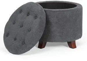 Round Ottoman with Storage, Small Foot Rest Stool with Legs, 20 Dia. x 17 H Inches Upholstered Ottoman with Storage for Living Room, Bedroom, Dark Gray Round Ottoman with Storage, Small Foot Rest Stool with Legs, 20 Dia. x 17 H Inches Upholstered Ottoman with Storage for Living Room, Bedroom, Dark Gray