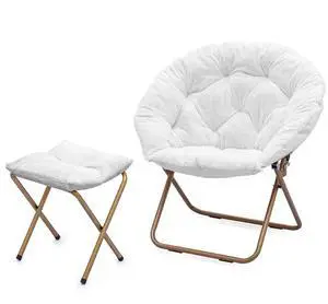 Round Saucer Chair for Teens and Adults, Faux Fur Living Room Cozy Moon Chairs with Folding Stool (White) Round Saucer Chair for Teens and Adults, Faux Fur Living Room Cozy Moon Chairs with Folding Stool (White)