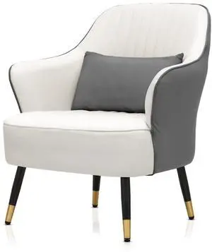 Accent Chair with Lumbar Pillow, Comfy Reading Chair Mid Century Modern Barrel Chair, Upholstered Single Sofa Chair with Metal Legs for Living Room Bedroom, White & Grey Accent Chair with Lumbar Pillow, Comfy Reading Chair Mid Century Modern Barrel Chair, Upholstered Single Sofa Chair with Metal Legs for Living Room Bedroom, White & Grey