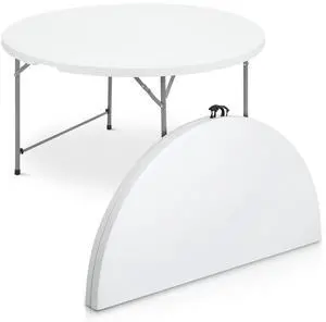 Round Plastic Bi-Folding Table with Carrying Handle, Indoor Outdoor Portable Table for Patio Party Wedding Event Conference, White, 53 Inch Round Plastic Bi-Folding Table with Carrying Handle, Indoor Outdoor Portable Table for Patio Party Wedding Event Conference, White, 53 Inch