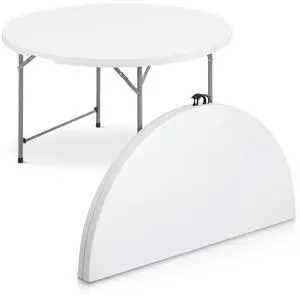 Round Plastic Bi-Folding Table with Carrying Handle, Indoor Outdoor Portable Table for Patio Party Wedding Event Conference, White, 48 Inch Round Plastic Bi-Folding Table with Carrying Handle, Indoor Outdoor Portable Table for Patio Party Wedding Event Conference, White, 48 Inch