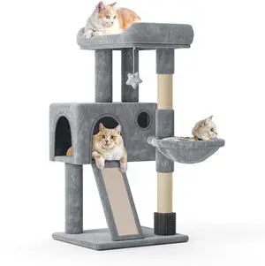 36-Inch Cat Tree with Condo, Hammock & Sisal Scratching Posts, Multi-Level Climbing Stand for Indoor Cats, Light Grey 36-Inch Cat Tree with Condo, Hammock & Sisal Scratching Posts, Multi-Level Climbing Stand for Indoor Cats, Light Grey