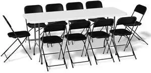 Portable Table Chair Set, 6Ft Plastic Dining Tables Fold in Half Indoor Outdoor Desk and Portable Stackable Commercial Seat Chair Set of 10 with Steel Frame for Picnic Kitchen Dining Portable Table Chair Set, 6Ft Plastic Dining Tables Fold in Half Indoor Outdoor Desk and Portable Stackable Commercial Seat Chair Set of 10 with Steel Frame for Picnic Kitchen Dining