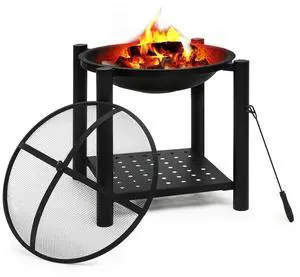 Outdoor Fire Pit with Wood Storage Spaces, Portable Firepits for Outside with Spark Screen Cover and Poker for Patio, Backyard, Picnic and Garden Outdoor Fire Pit with Wood Storage Spaces, Portable Firepits for Outside with Spark Screen Cover and Poker for Patio, Backyard, Picnic and Garden