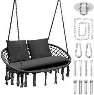 Double Hammock Chair for Indoor & Outdoor Use, Durable Woven Cotton Ropes & Iron Frame, Comfortable Seating for Patio Garden and Porch, 700 lbs Capacity, Black Double Hammock Chair for Indoor & Outdoor Use, Durable Woven Cotton Ropes & Iron Frame, Comfortable Seating for Patio Garden and Porch, 700 lbs Capacity, Black