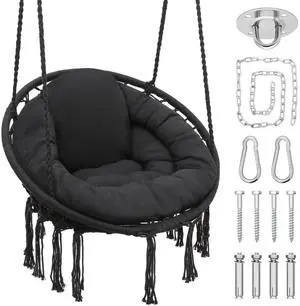 Hammock Chair w/Cushion for Indoor & Outdoor Relaxation, Single Seat, Durable Woven Cotton Ropes & Iron Frame, Perfect for Patio Garden Balcony, 350 lbs Capacity, Black Hammock Chair w/Cushion for Indoor & Outdoor Relaxation, Single Seat, Durable Woven Cotton Ropes & Iron Frame, Perfect for Patio Garden Balcony, 350 lbs Capacity, Black