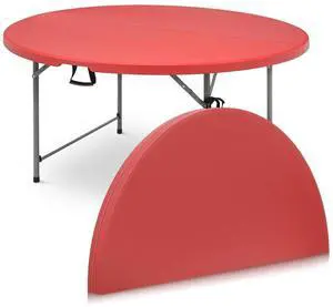 Round Plastic Bi-Folding Table with Carrying Handle, Indoor Outdoor Portable Table for Patio Party Wedding Event Conference, Red, 60 Inch Round Plastic Bi-Folding Table with Carrying Handle, Indoor Outdoor Portable Table for Patio Party Wedding Event Conference, Red, 60 Inch