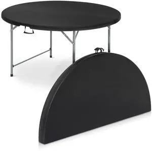 Round Plastic Bi-Folding Table with Carrying Handle, Indoor Outdoor Portable Table for Patio Party Wedding Event Conference, Black, 48 Inch Round Plastic Bi-Folding Table with Carrying Handle, Indoor Outdoor Portable Table for Patio Party Wedding Event Conference, Black, 48 Inch