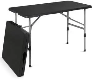 Plastic Folding Camping Table, Indoor Outdoor Collapsible Rectangle Dining Table, Portable Fold-in-Half Utility Table w/Handle for Party Wedding, Black, 48 Inch Plastic Folding Camping Table, Indoor Outdoor Collapsible Rectangle Dining Table, Portable Fold-in-Half Utility Table w/Handle for Party Wedding, Black, 48 Inch