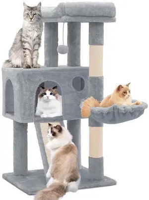 36 Inch Cat Tower for Indoor Cats, Multi Level Cat Condo with Scratching Post, Ramp, Plush Perch, Cat Cave, Basket, Cat Activity Center w/Ball for Small Space, Light Gray 36 Inch Cat Tower for Indoor Cats, Multi Level Cat Condo with Scratching Post, Ramp, Plush Perch, Cat Cave, Basket, Cat Activity Center w/Ball for Small Space, Light Gray