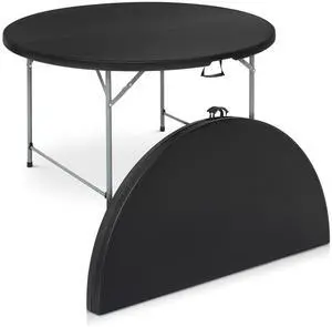 Round Plastic Bi-Folding Table with Carrying Handle, Indoor Outdoor Portable Table for Patio Party Wedding Event Conference, Black, 53 Inch Round Plastic Bi-Folding Table with Carrying Handle, Indoor Outdoor Portable Table for Patio Party Wedding Event Conference, Black, 53 Inch