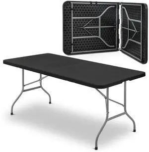 Plastic Folding Camping Table, Indoor Outdoor Collapsible Rectangle Dining Table, Portable Fold-in-Half Utility Table w/Handle for Party Wedding, Black, 72 Inch Plastic Folding Camping Table, Indoor Outdoor Collapsible Rectangle Dining Table, Portable Fold-in-Half Utility Table w/Handle for Party Wedding, Black, 72 Inch
