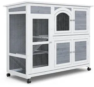 Rabbit Hutch Outdoor Chicken Coop, 47.5" Bunny House Cage on Wheels with 2 Pull-Out Trays Waterproof Roof, Gray Rabbit Hutch Outdoor Chicken Coop, 47.5" Bunny House Cage on Wheels with 2 Pull-Out Trays Waterproof Roof, Gray