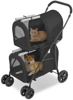 Double Pet Stroller for Dogs and Cats with 2 Detachable Carrier, 4 Wheels Lightweight Easy-Fold Jogger for Small Medium Pets, Black/Gray Double Pet Stroller for Dogs and Cats with 2 Detachable Carrier, 4 Wheels Lightweight Easy-Fold Jogger for Small Medium Pets, Black/Gray