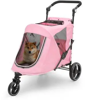 Pet Stroller for Large Dogs, Adjustable Multi-Position Handle, Rubber Wheels, Dual Entry and Locking Rear Wheels, 3-Wheel Folding Pet Wagon for Pets up to 55 lbs, Pink Pet Stroller for Large Dogs, Adjustable Multi-Position Handle, Rubber Wheels, Dual Entry and Locking Rear Wheels, 3-Wheel Folding Pet Wagon for Pets up to 55 lbs, Pink