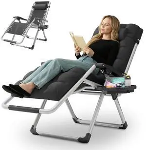 Reinforced Zero Gravity Chair, Folding Pool Beach Lounger, Portable Tanning Chaise with Cushion, Headrest and Side Tray, 330lbs Capacity - Black Reinforced Zero Gravity Chair, Folding Pool Beach Lounger, Portable Tanning Chaise with Cushion, Headrest and Side Tray, 330lbs Capacity - Black
