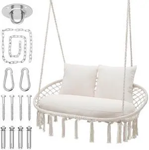Double Swing Chair with 3 Cushions for Outside, Large Hanging Macrame Swing Chair for Indoor/Outdoor Relax, Adult Hammock Boho Chair Max 700 lbs Capacity for Porch Balcony Backyard, Beige Double Swing Chair with 3 Cushions for Outside, Large Hanging Macrame Swing Chair for Indoor/Outdoor Relax, Adult Hammock Boho Chair Max 700 lbs Capacity for Porch Balcony Backyard, Beige