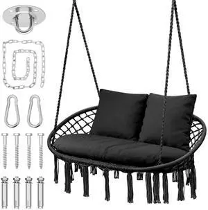 2 Seat Hammock Chair Hanging Macrame Swing 3 Cushions Included, Indoor/Outdoor Boho Chair for Adults, Max 700 lbs Capacity Patio Hanging Chair Porch Hammock Chair Hanging Rope Swing, Black 2 Seat Hammock Chair Hanging Macrame Swing 3 Cushions Included, Indoor/Outdoor Boho Chair for Adults, Max 700 lbs Capacity Patio Hanging Chair Porch Hammock Chair Hanging Rope Swing, Black