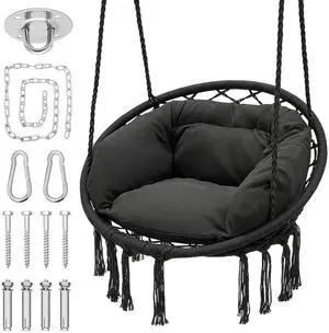 Hanging Hammock Chair W/Large Padded Cushion, Macrame Swing Chair for Porch, Max 350 Lbs Capacity Hanging Swing for Adults & Teens, Comfy Hammock for Bedroom Relaxing Reading Napping, Black Hanging Hammock Chair W/Large Padded Cushion, Macrame Swing Chair for Porch, Max 350 Lbs Capacity Hanging Swing for Adults & Teens, Comfy Hammock for Bedroom Relaxing Reading Napping, Black