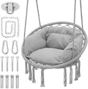 Hanging Hammock Chair with Full Cushion, Adults Indoor Hammock Swing with Max 350 Lbs Capacity, Outdoor Macrame Hanging Chair with Boho Tassels, Home Accent Furniture Chair Swing, Grey Hanging Hammock Chair with Full Cushion, Adults Indoor Hammock Swing with Max 350 Lbs Capacity, Outdoor Macrame Hanging Chair with Boho Tassels, Home Accent Furniture Chair Swing, Grey