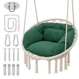 Hanging Hammock Chair w/Dark Green Cushion, Porch Macrame Swing Chair Hanging Chairs, Max 350 Lbs Capacity Hanging Swing for Adults & Teens, Comfy Hammock for Relaxing Reading Napping, White Hanging Hammock Chair w/Dark Green Cushion, Porch Macrame Swing Chair Hanging Chairs, Max 350 Lbs Capacity Hanging Swing for Adults & Teens, Comfy Hammock for Relaxing Reading Napping, White
