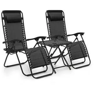 Table and Patio Chairs Set of 3, Outdoor Adjustable Zero Gravity Folding Breathable Mesh Reclining Lounge Chairs with Pillow and Side Tray, 330lbs Capacity - Black Table and Patio Chairs Set of 3, Outdoor Adjustable Zero Gravity Folding Breathable Mesh Reclining Lounge Chairs with Pillow and Side Tray, 330lbs Capacity - Black