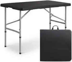 4Ft Folding Card Table, Outdoor Foldable Small Portable Plastic Dining Picnic Cookout Table w/Handle, Black 4Ft Folding Card Table, Outdoor Foldable Small Portable Plastic Dining Picnic Cookout Table w/Handle, Black