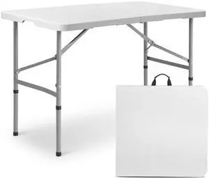 4Ft Folding Card Table, Outdoor Foldable Small Portable Plastic Dining Picnic Cookout Table w/Height Adjustable and Handle, White 4Ft Folding Card Table, Outdoor Foldable Small Portable Plastic Dining Picnic Cookout Table w/Height Adjustable and Handle, White