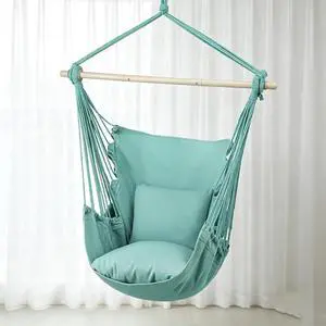 Hammock Chair Hanging Rope Swing w/2 Cushions, Boho Macrame Hanging Chair Max 350 lbs Capacity w Pocket, Hardware Kit Included, Green Hammock Chair Hanging Rope Swing w/2 Cushions, Boho Macrame Hanging Chair Max 350 lbs Capacity w Pocket, Hardware Kit Included, Green