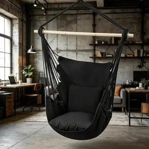 Hammock Chair Hanging Rope Swing w/2 Cushions, Boho Macrame Hanging Chair Max 350 lbs Capacity w Pocket, Hardware Kit Included, Black Hammock Chair Hanging Rope Swing w/2 Cushions, Boho Macrame Hanging Chair Max 350 lbs Capacity w Pocket, Hardware Kit Included, Black