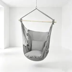 Hammock Chair Hanging Rope Swing w/2 Cushions, Boho Macrame Hanging Chair Max 350 lbs Capacity w Pocket, Hardware Kit Included, Gray Hammock Chair Hanging Rope Swing w/2 Cushions, Boho Macrame Hanging Chair Max 350 lbs Capacity w Pocket, Hardware Kit Included, Gray
