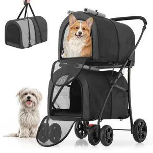 Double Dog Stroller with Detachable Carrier Bags Large 4 Wheels Foldable Jogger for Small and Medium Dog Cats, Black/Gray Double Dog Stroller with Detachable Carrier Bags Large 4 Wheels Foldable Jogger for Small and Medium Dog Cats, Black/Gray