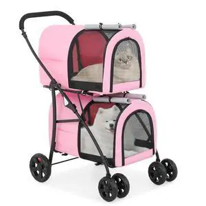 Double Dog Stroller with Detachable Carrier Bags Large 4 Wheels Foldable Jogger for Small and Medium Dog Cats, Pink/Gray Double Dog Stroller with Detachable Carrier Bags Large 4 Wheels Foldable Jogger for Small and Medium Dog Cats, Pink/Gray