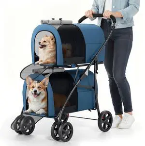 Double Dog Stroller with Detachable Carrier Bags Large 4 Wheels Foldable Jogger for Small and Medium Dog Cats, Navy Blue/Gray Double Dog Stroller with Detachable Carrier Bags Large 4 Wheels Foldable Jogger for Small and Medium Dog Cats, Navy Blue/Gray
