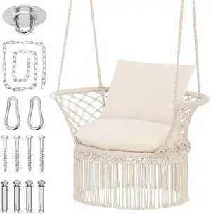 Macrame Hanging Swing Chair with Cushions, Boho Style Cotton Rope Mesh Hammock Chair with Tassels Max 350 lbs for Indoor/Outdoor Macrame Swing for Living Room, Porch, and Patio Macrame Hanging Swing Chair with Cushions, Boho Style Cotton Rope Mesh Hammock Chair with Tassels Max 350 lbs for Indoor/Outdoor Macrame Swing for Living Room, Porch, and Patio