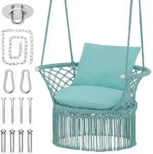 Macrame Hanging Swing Chair, Boho Style Cotton Rope Hammock Chair w/Tassels Max 350 lbs for Bedroom, Living Room, Porch, Balcony, Green Macrame Hanging Swing Chair, Boho Style Cotton Rope Hammock Chair w/Tassels Max 350 lbs for Bedroom, Living Room, Porch, Balcony, Green