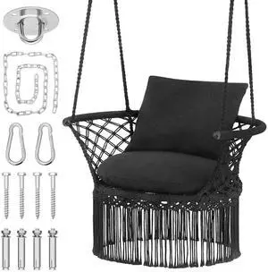 Macrame Hanging Swing Chair, Boho Style Cotton Rope Hammock Chair w/Tassels Max 350 lbs for Bedroom, Living Room, Porch, Balcony, Black Macrame Hanging Swing Chair, Boho Style Cotton Rope Hammock Chair w/Tassels Max 350 lbs for Bedroom, Living Room, Porch, Balcony, Black
