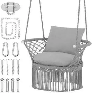 Macrame Hanging Swing Chair, Boho Style Cotton Rope Hammock Chair w/Tassels Max 350 lbs for Bedroom, Living Room, Porch, Balcony, Gray Macrame Hanging Swing Chair, Boho Style Cotton Rope Hammock Chair w/Tassels Max 350 lbs for Bedroom, Living Room, Porch, Balcony, Gray