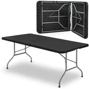 Plastic Folding Camping Table, Indoor Outdoor Collapsible Rectangle Dining Table, Portable Fold-in-Half Utility Table w/Handle for Party Wedding, Black, 94 Inch Plastic Folding Camping Table, Indoor Outdoor Collapsible Rectangle Dining Table, Portable Fold-in-Half Utility Table w/Handle for Party Wedding, Black, 94 Inch