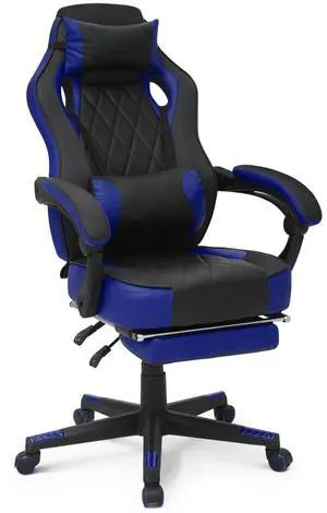Reclining Computer Chair with Footrest & Detachable Lumbar Support 360 Degree Swivel Racing Style PU Leather Computer Gaming Chair with Headrest for Home Bedroom Office, Blue Reclining Computer Chair with Footrest & Detachable Lumbar Support 360 Degree Swivel Racing Style PU Leather Computer Gaming Chair with Headrest for Home Bedroom Office, Blue