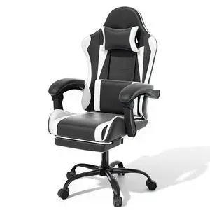 Gaming Chair with Headrest & Lumbar Support Ergonomic Computer Racing Chair with Footrest, Adjustable Hight Leather Swivel Computer Chair for Adult Teen Office or Gaming, White Gaming Chair with Headrest & Lumbar Support Ergonomic Computer Racing Chair with Footrest, Adjustable Hight Leather Swivel Computer Chair for Adult Teen Office or Gaming, White