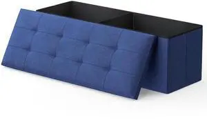 43 Inches Folding Storage Ottoman Bench, Storage Chest, Padded Seat, End of Bed Bench, Linen Fabric Ottoman Footrest for Living Room, Bedroom, Entryway, Navy Blue 43 Inches Folding Storage Ottoman Bench, Storage Chest, Padded Seat, End of Bed Bench, Linen Fabric Ottoman Footrest for Living Room, Bedroom, Entryway, Navy Blue