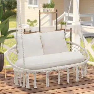 Double Hammock Chair for Indoor & Outdoor Use, Durable Woven Cotton Ropes & Iron Frame, Comfortable Seating for Patio Garden and Porch, 700 lbs Capacity, White Double Hammock Chair for Indoor & Outdoor Use, Durable Woven Cotton Ropes & Iron Frame, Comfortable Seating for Patio Garden and Porch, 700 lbs Capacity, White