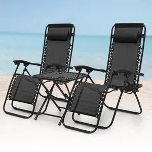 Outdoor Folding Camping Lounge Zero Gravity Recliner Chairs Set of 2 with Side Table (Black) Outdoor Folding Camping Lounge Zero Gravity Recliner Chairs Set of 2 with Side Table (Black)